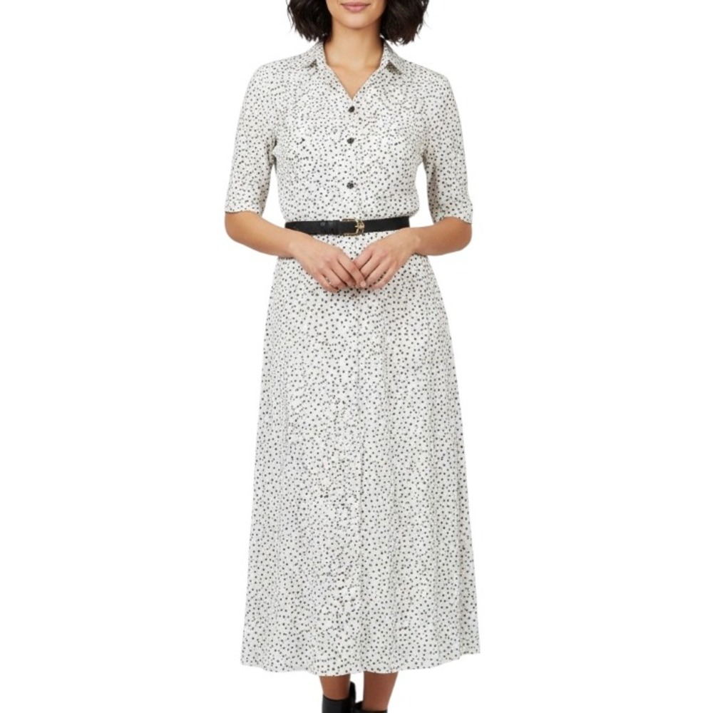 VTG WILLI Of CALIFORNIA White w/Black POLKA-DOT Crepe BLOUSON MIDI DRESS Sz 6